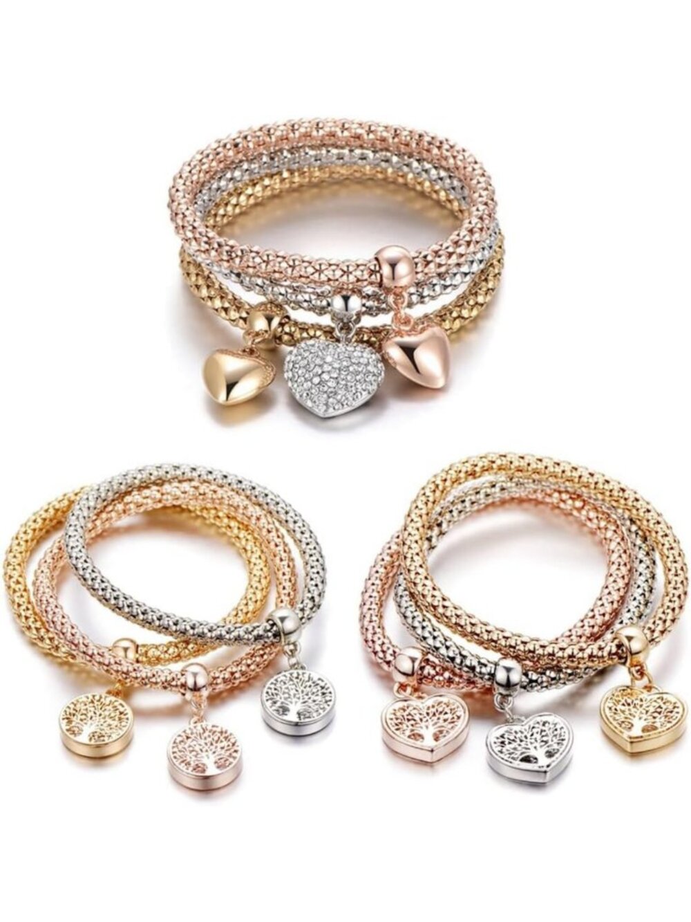 Multilayer Crystal Charm Bracelets Set - 3PCS Gold/Silver/Rose Gold, Heart